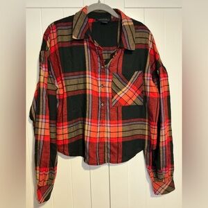 Sanctuary Red Plaid Cropped Button-Down Shirt Size Small